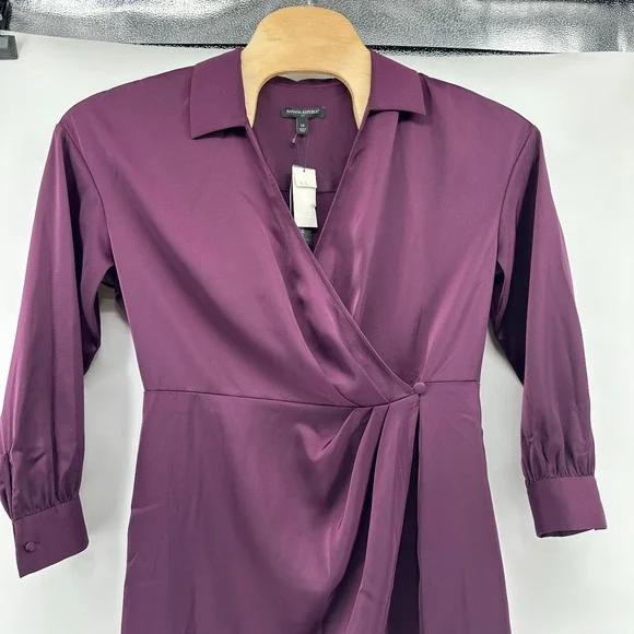 Banana Republic‎ Satin Collar Wrap Purple Midi Dress Size 14 NWT - Pinot Noir - Picture 3 of 15